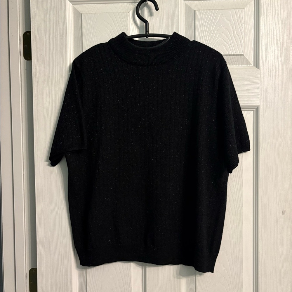 Sag Harbor Sparkle Christmas Short Sleeve black Sweater Top L large